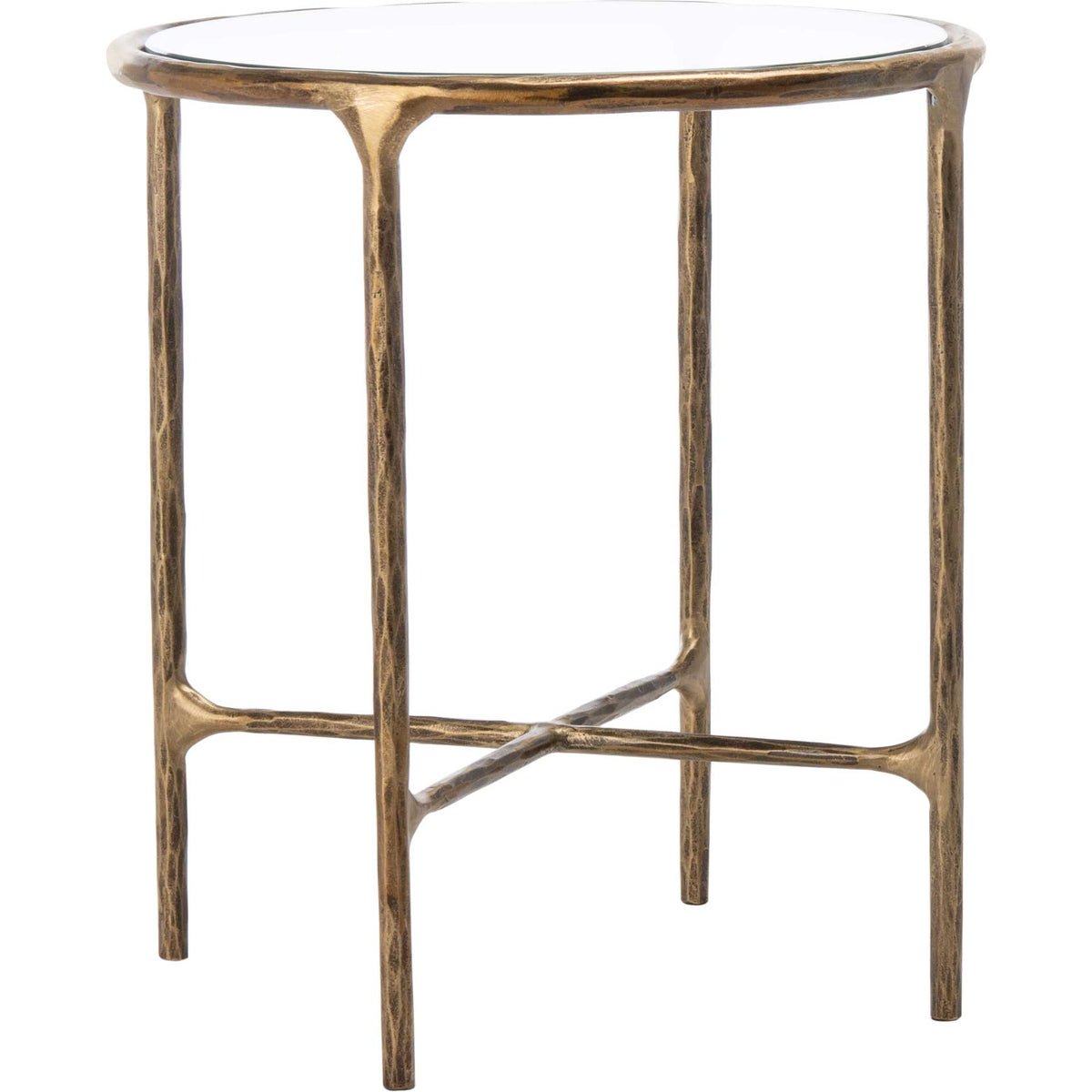 Slim brass-toned legs and intersecting braces lend airy structure to a round glass-top end table. || SFV9505A || side_studio