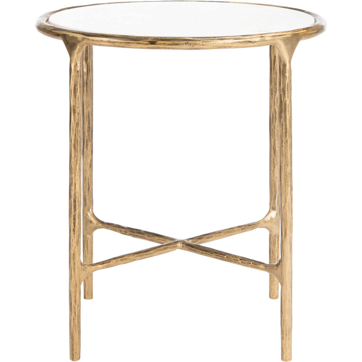 White marble crowns a round brass-toned end table with slender legs and an X-shaped lower brace. || SFV9505C || front_studio