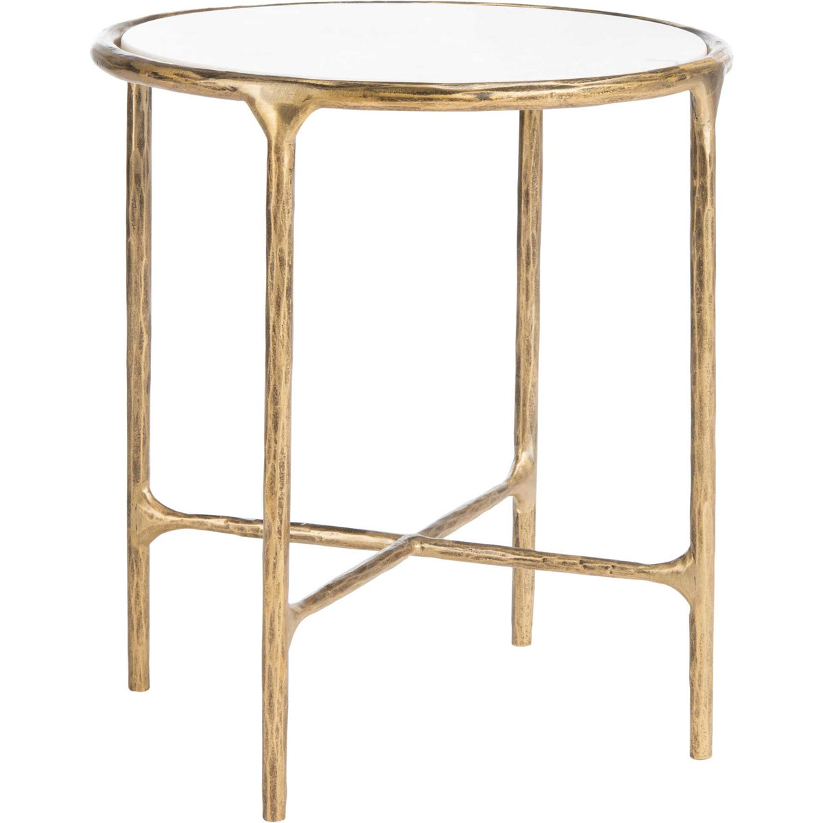A white marble top sits in a textured brass-toned frame above slim legs and crossed supports. || SFV9505C || side_studio