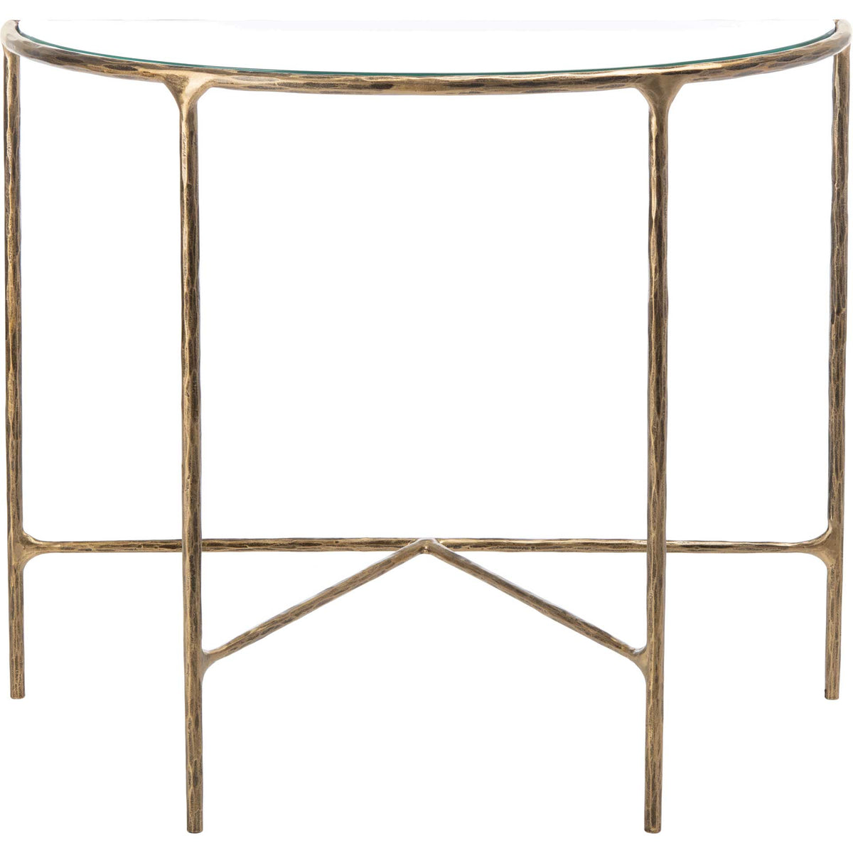 A clear glass top crowns a brass-finished frame with slim legs and angular lower braces || SFV9506A || front_studio