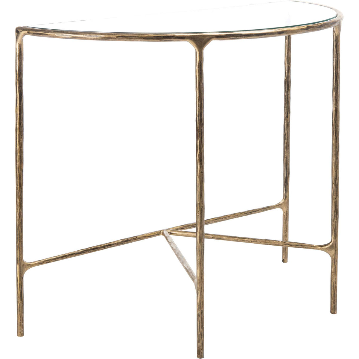A curved glass top and warm brass-finished frame give this console an airy silhouette || SFV9506A || front_angle_studio