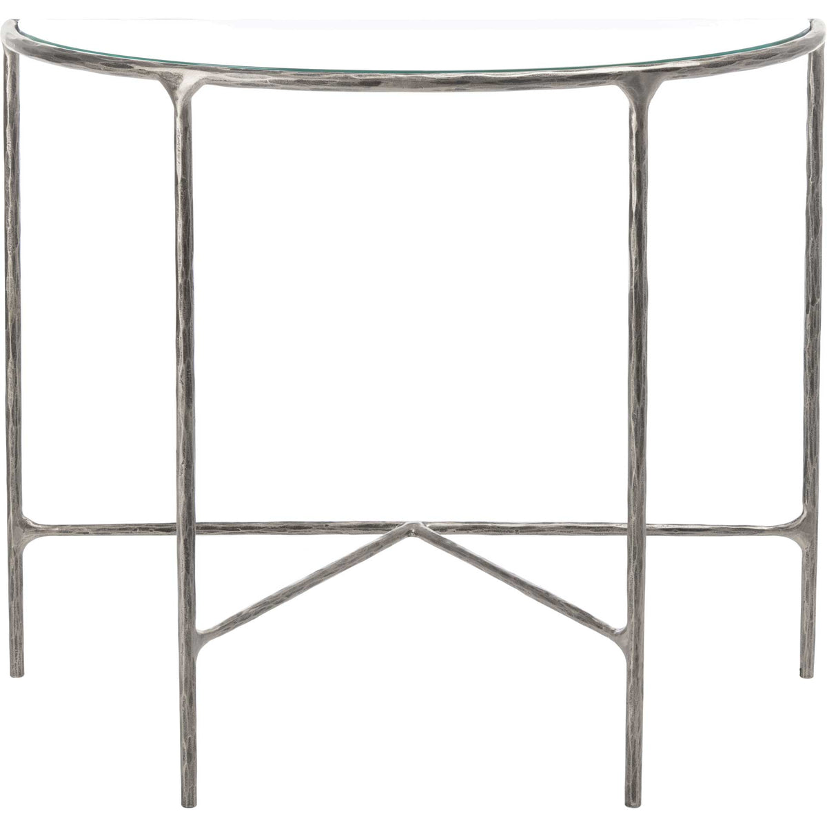 A clear glass top and slim silver-finished legs are accented by angled lower braces || SFV9506B || front_studio