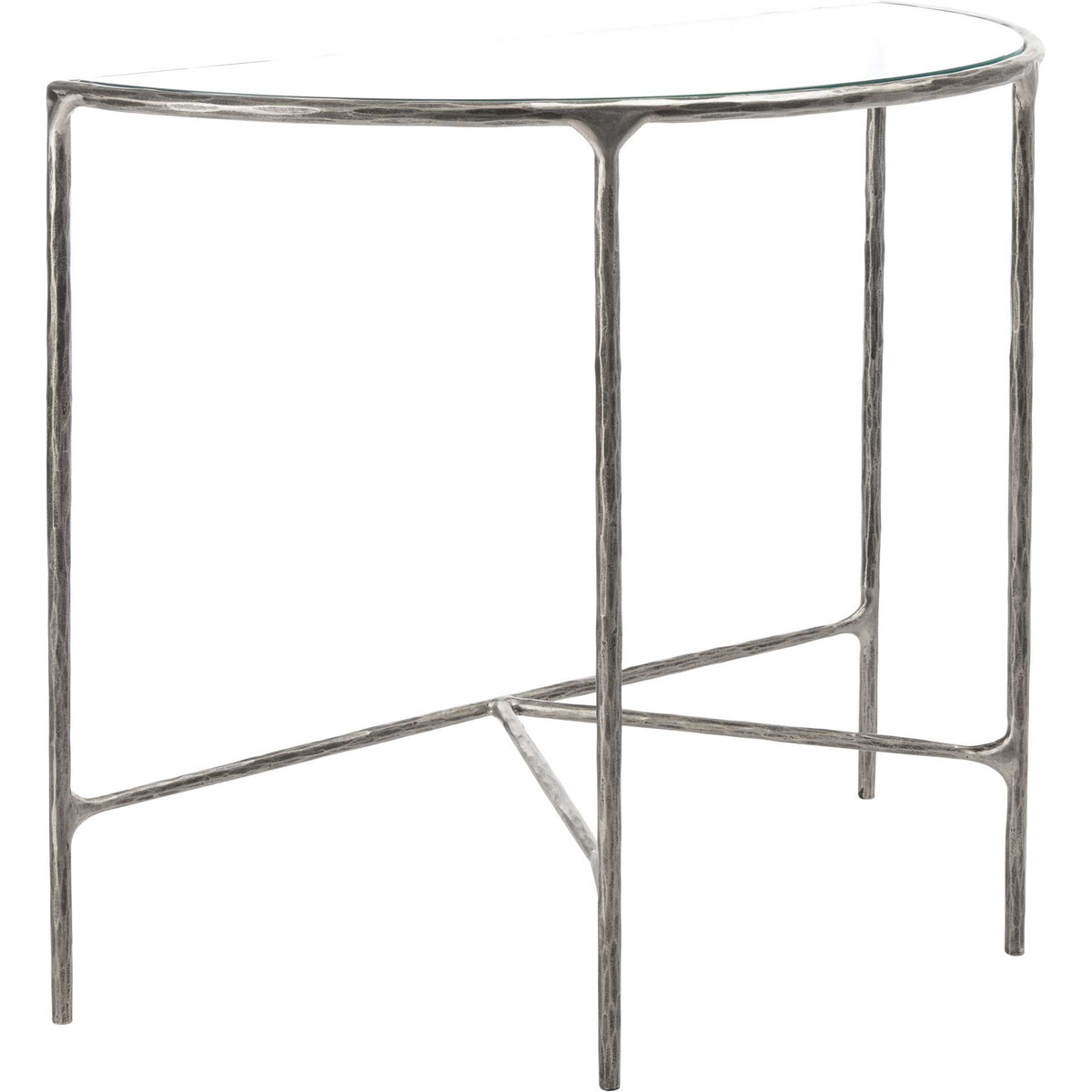 A curved clear glass top lends a light look to the sculptural silver-finished frame || SFV9506B || front_angle_studio