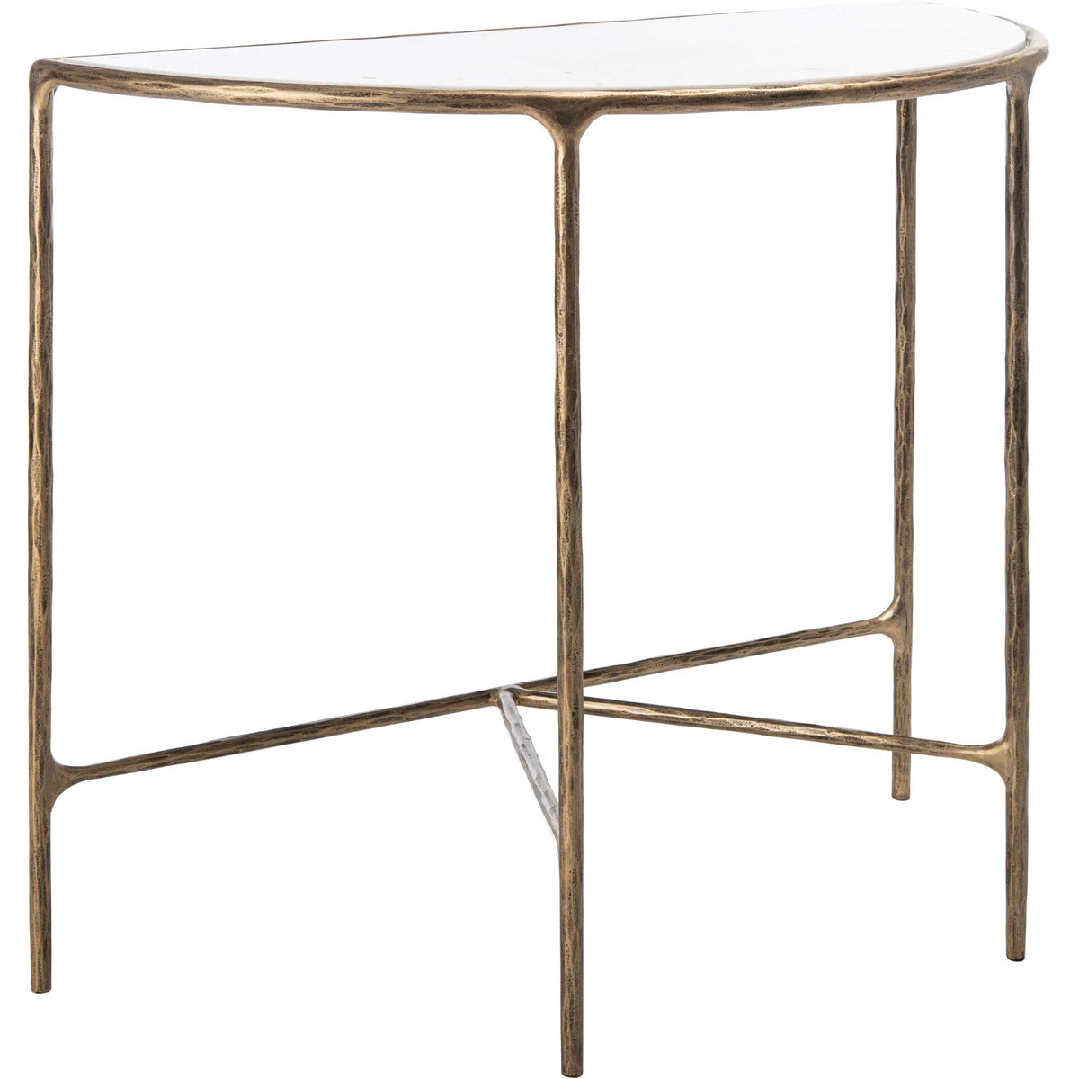 A curved white marble top rests on slim brass-finished legs for an airy console profile || SFV9506C || front_angle_studio