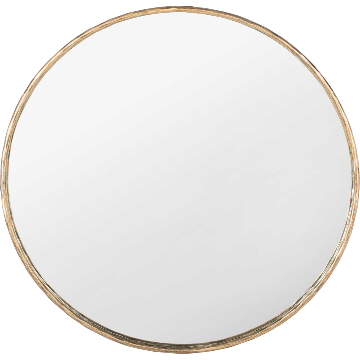 A 42-inch round mirror has a slim, textured brass-finish frame and a broad reflective surface || SFV9507A || front_studio