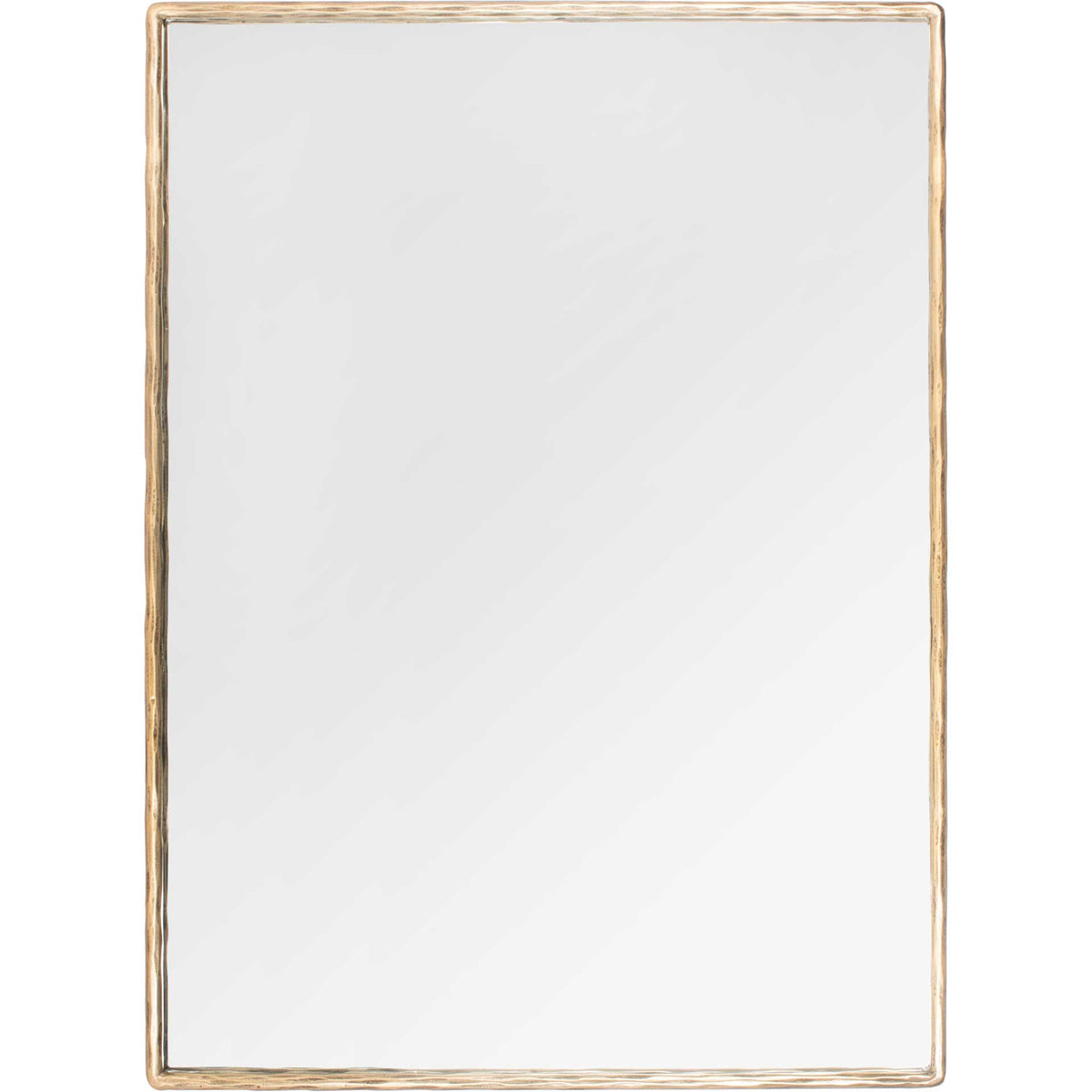 A large rectangular mirror is outlined by a narrow, organically textured brass-finished frame.