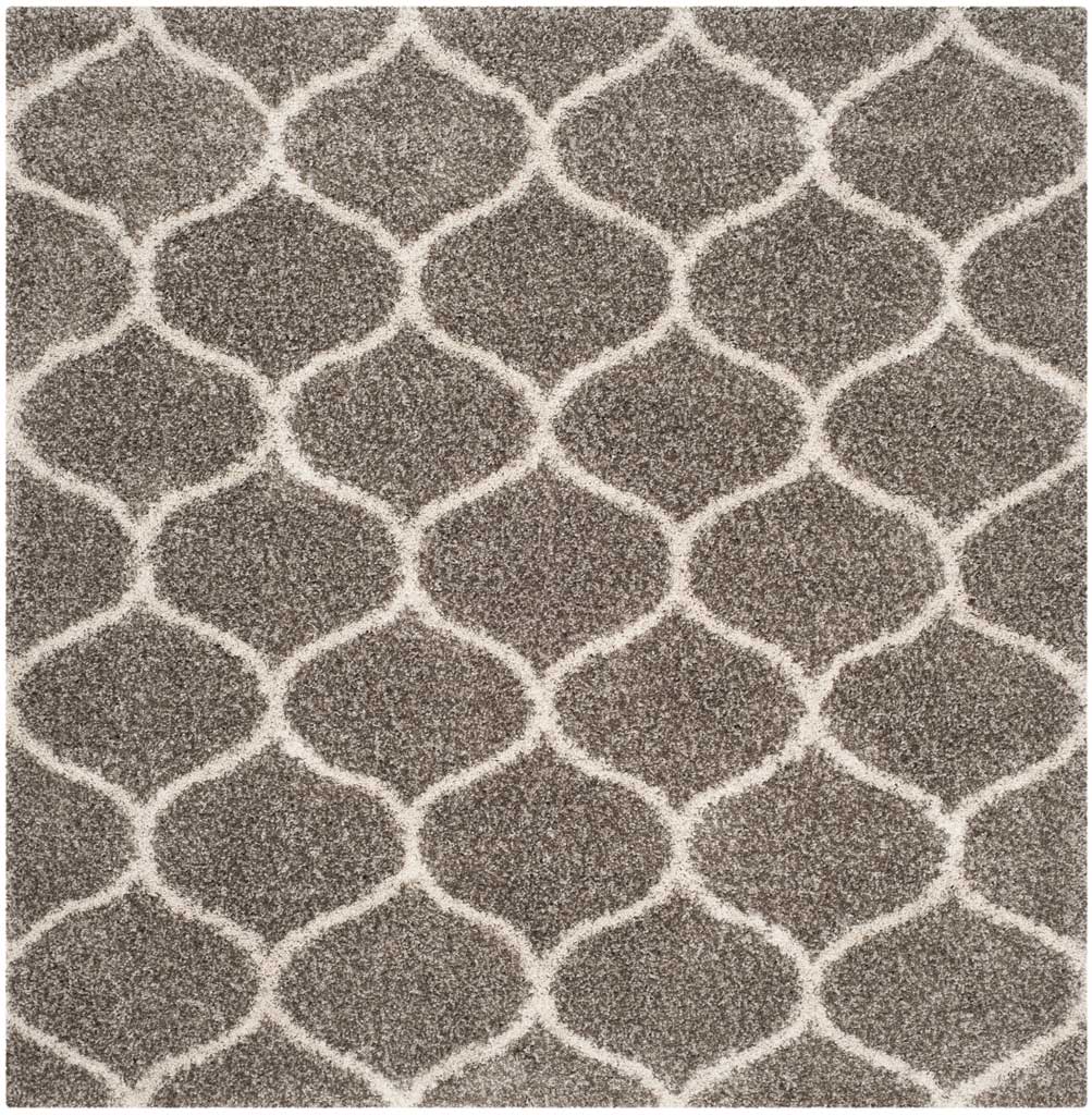 Square gray rug filled with softly curved ivory trellis lines
