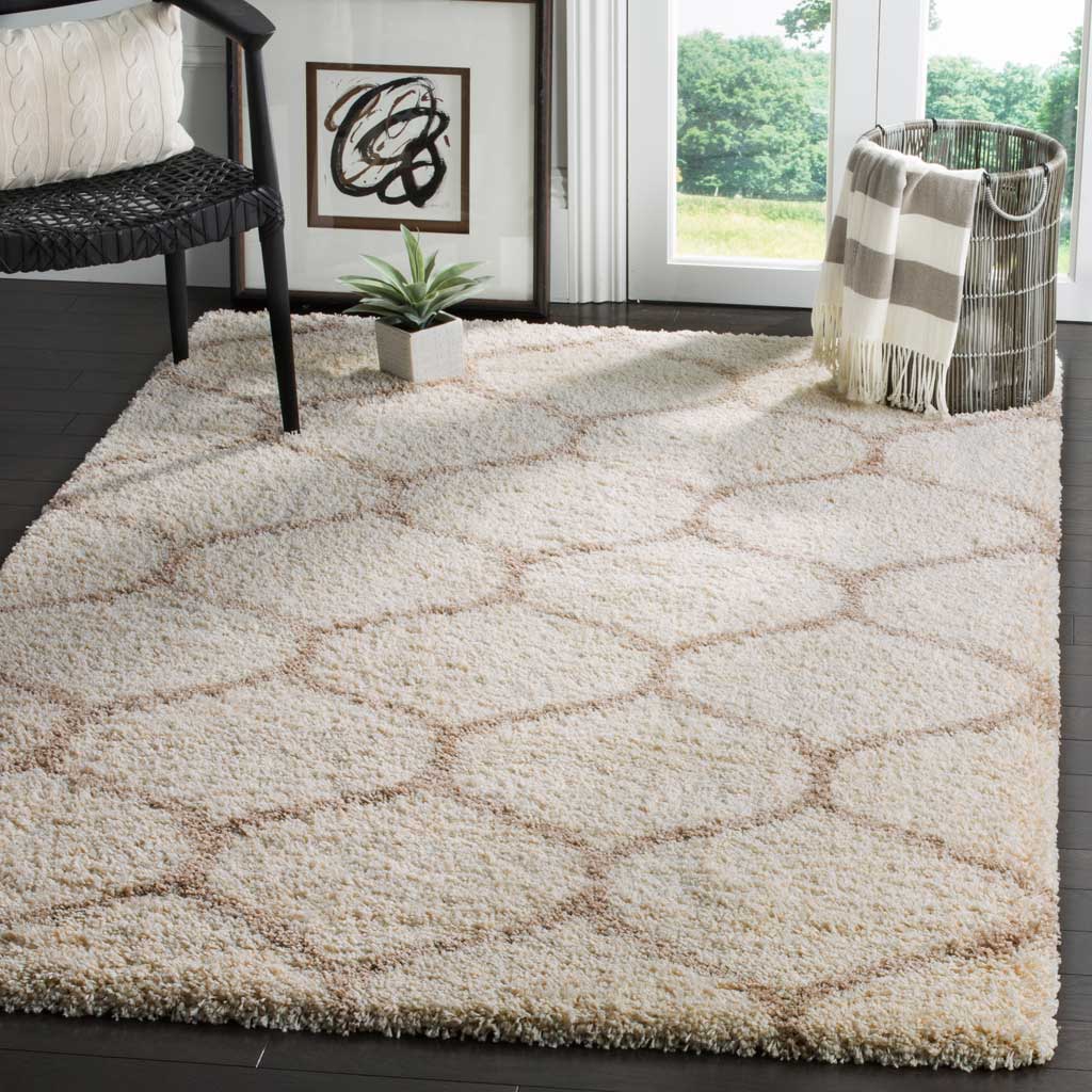 Ivory and beige curved lattice rug brightens a cozy sitting area