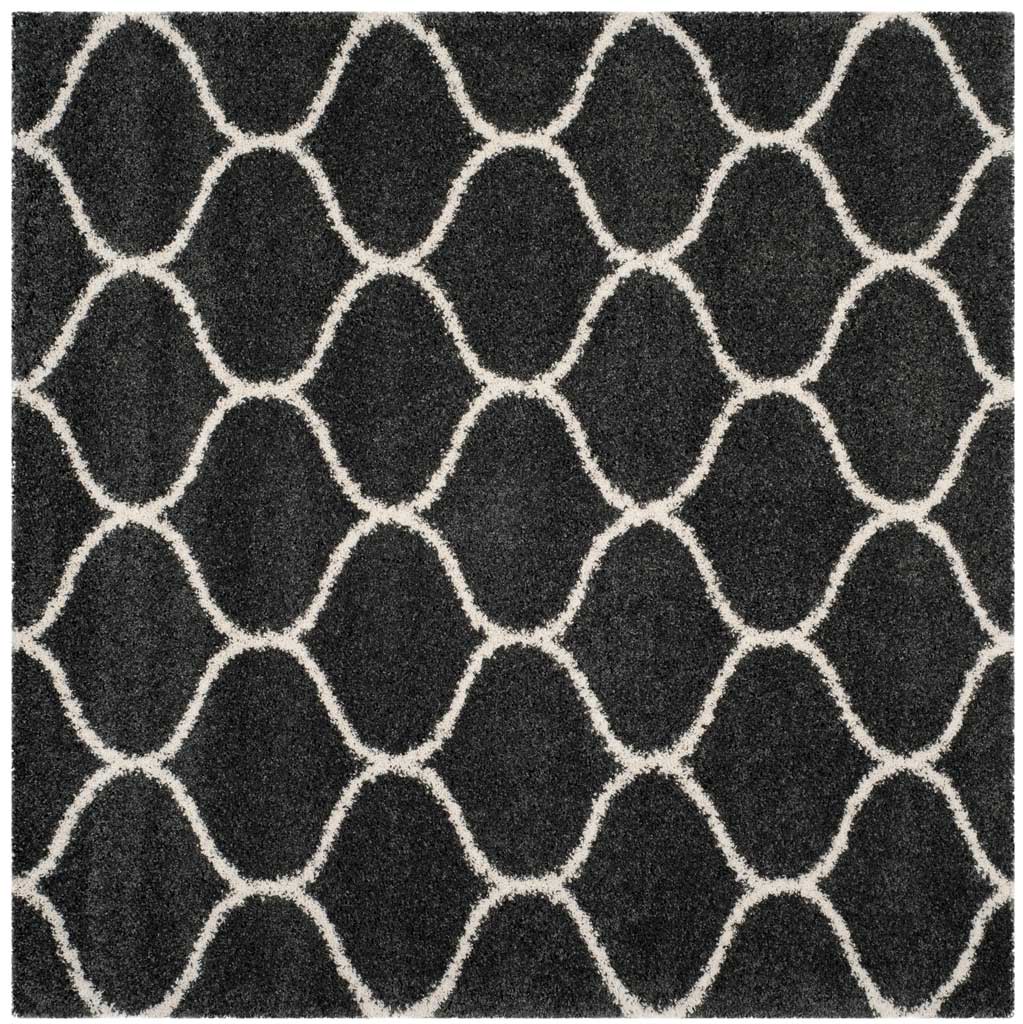 Square charcoal rug with interlocking ivory curved lines