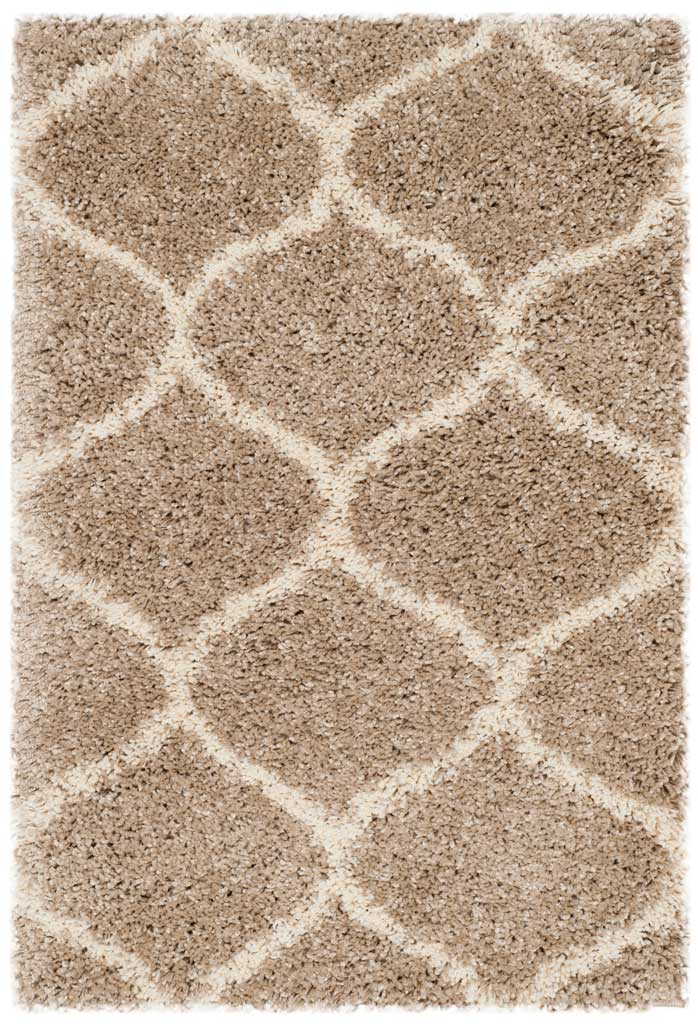 Compact beige accent rug with ivory contours and plush shag