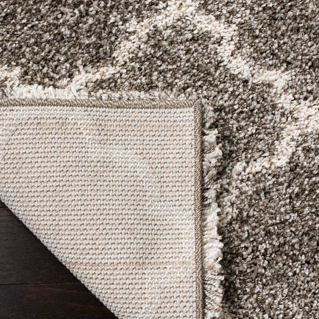 Woven backing and bound edges reinforce the gray shag rug