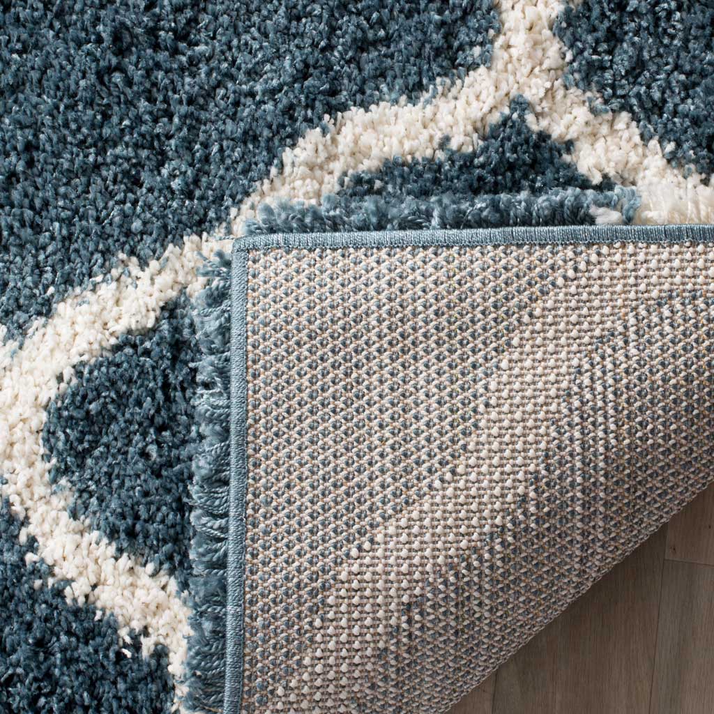 Woven underside and blue bound edge support the shag rug