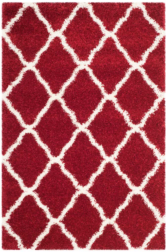 Red rectangular rug with bold ivory diamond trellis lines