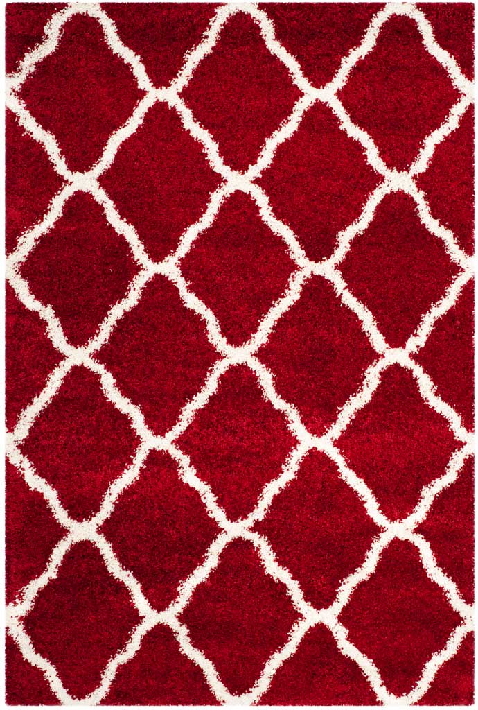 Ivory outlines form rounded diamonds across vivid red shag
