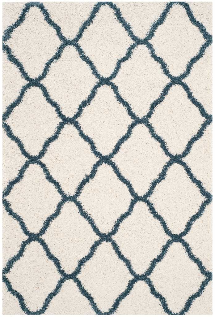 Steel blue contours form generous diamonds across ivory pile