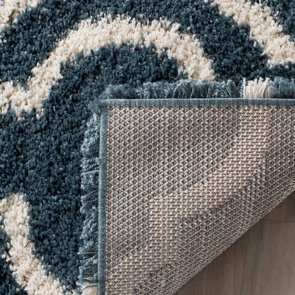 Woven underside and blue bound edge support the plush shag