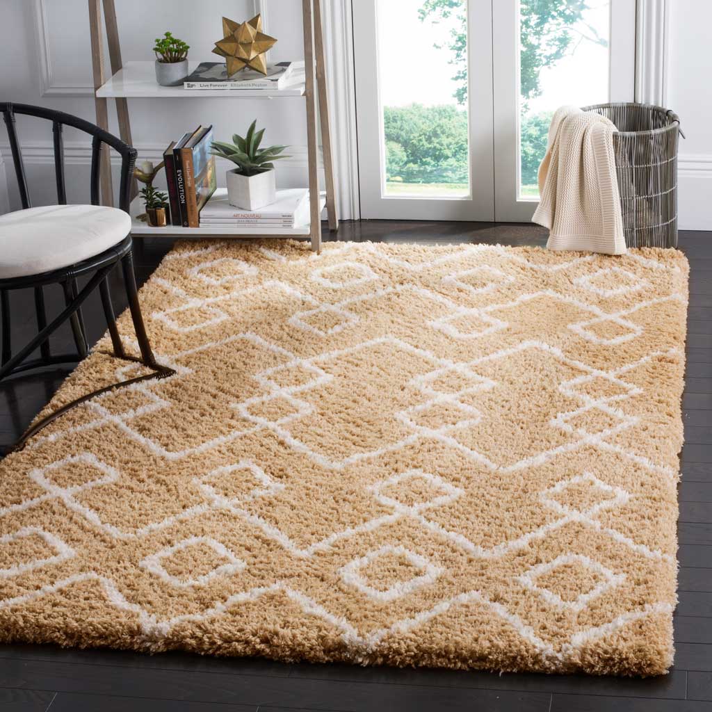 Warm beige and ivory diamonds bring soft shag texture to a bright living area