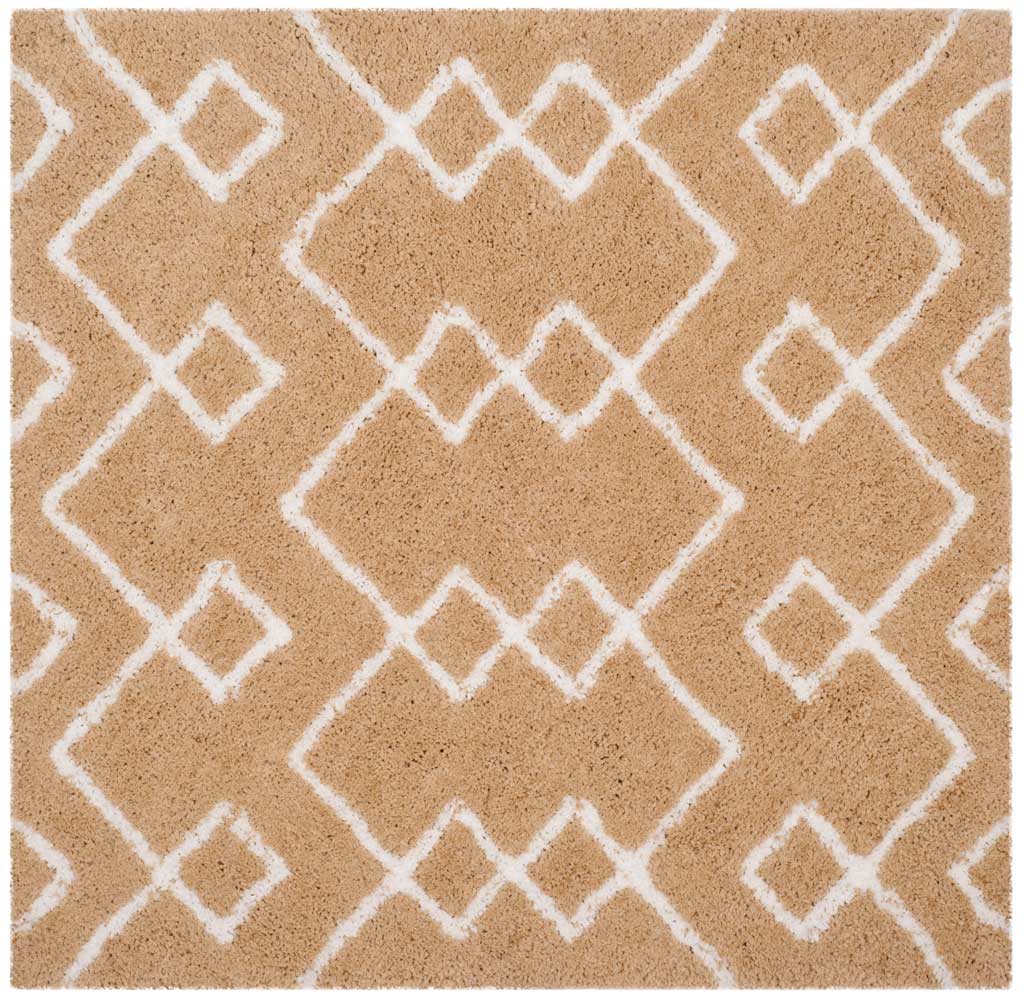 Interlocking ivory diamonds stand out on this plush, square beige shag rug