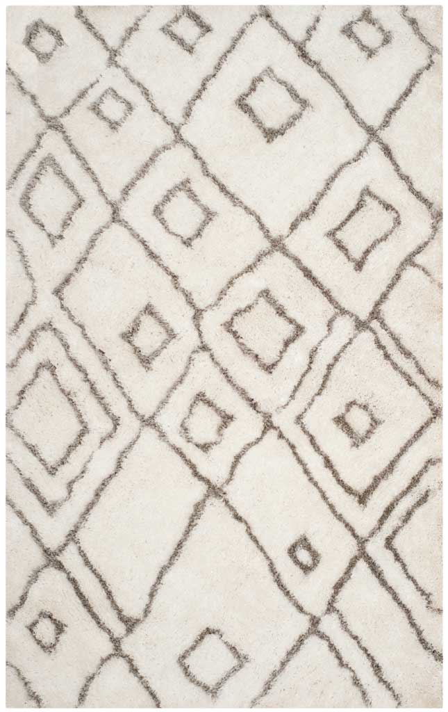 Raised light gray geometric lines add depth and subtle contrast to fluffy ivory shag