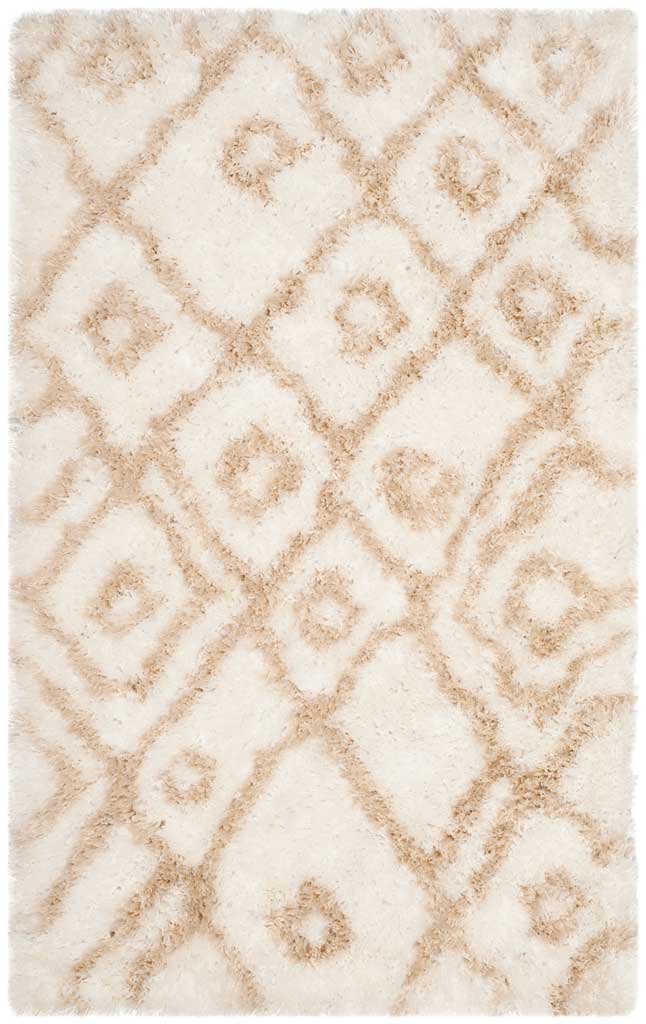 A compact ivory shag rug features beige diamond outlines and a fluffy, inviting pile