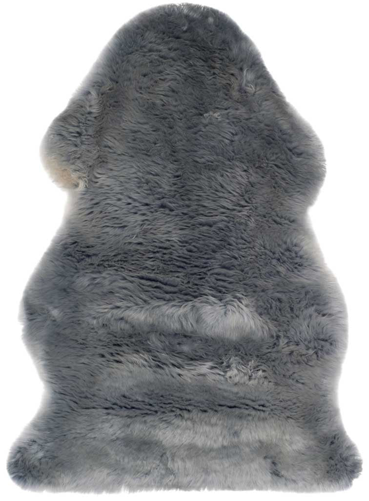 A single steel-blue sheepskin hide shows thick fleece and a naturally curved form.