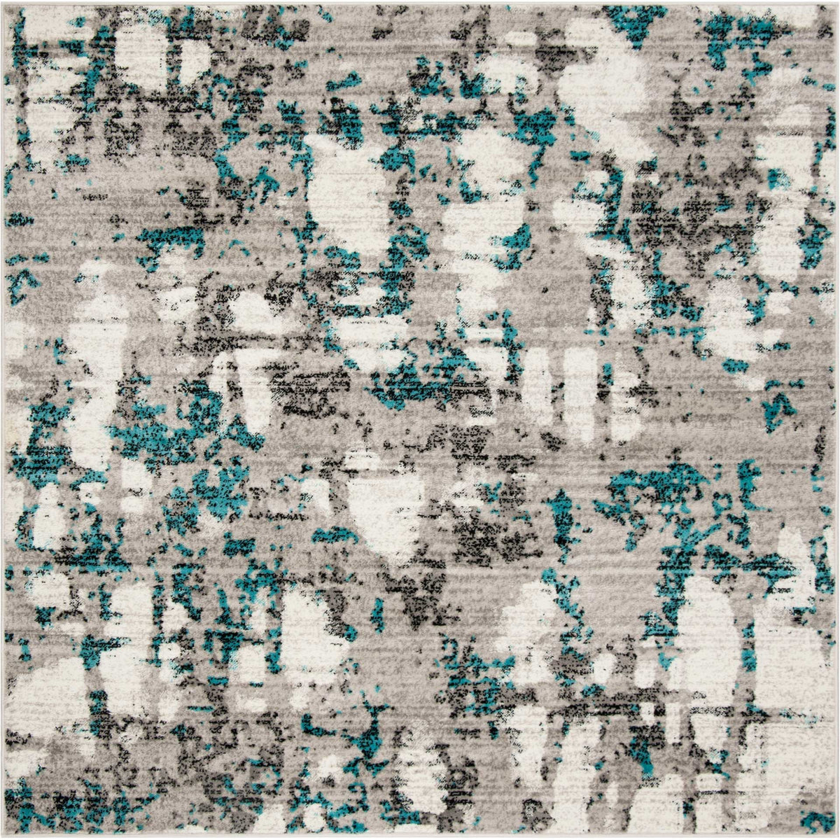 Square area rug layers teal-blue splashes over distressed gray and ivory tones
