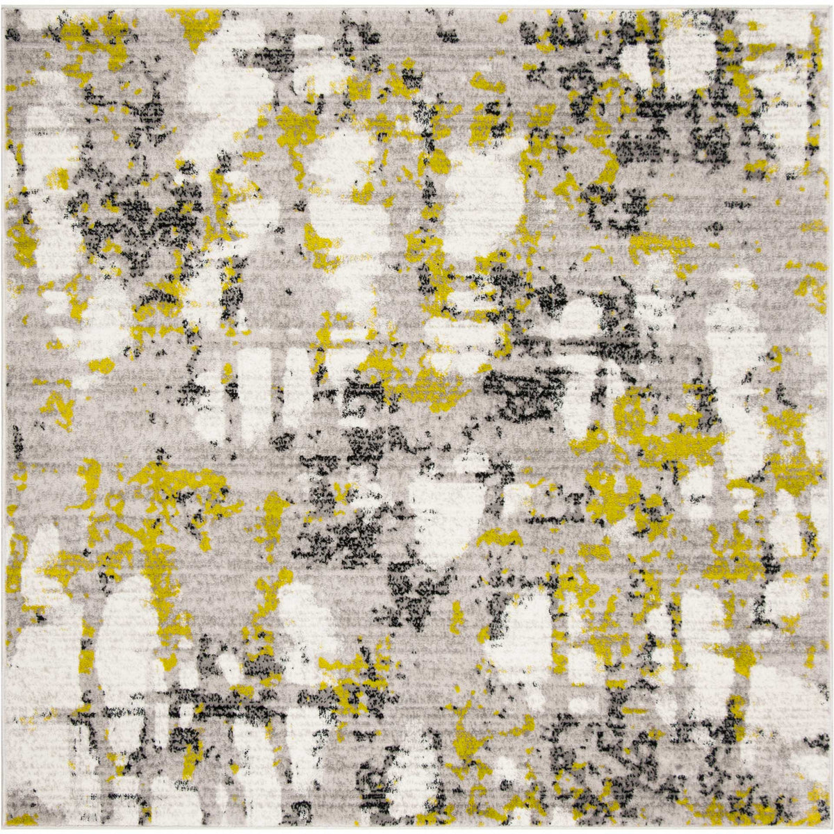 Square area rug blends charcoal-gray markings and bright lime-green splashes on ivory