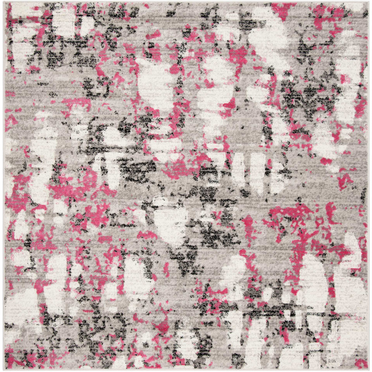 Square area rug spreads bold fuchsia accents across a distressed gray and ivory design