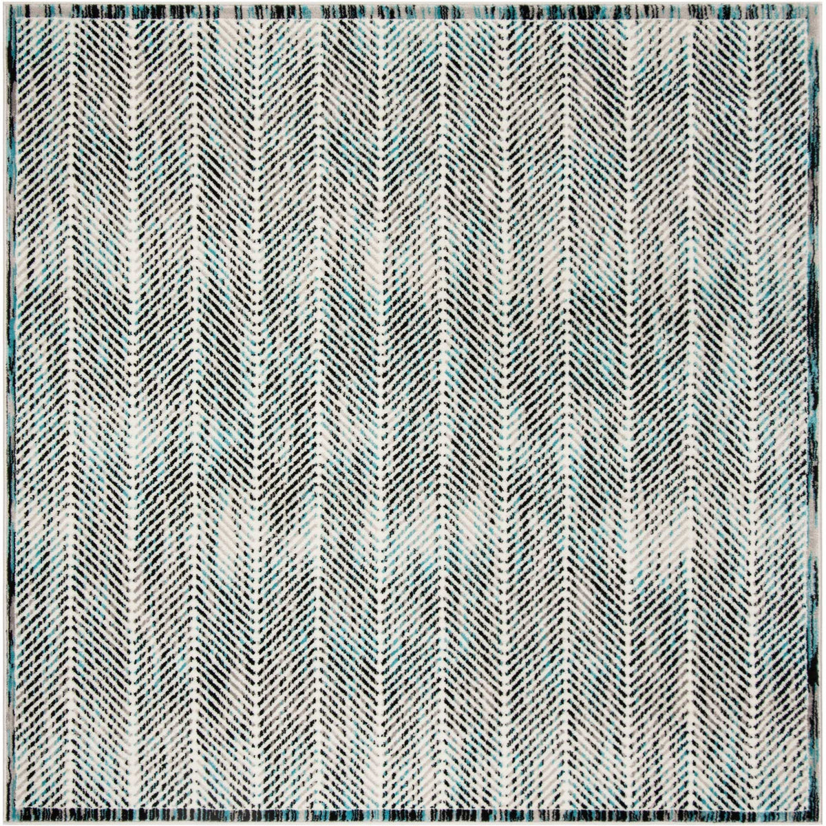 Square rug pairs cool blue and gray herringbone lines with a neat bound edge