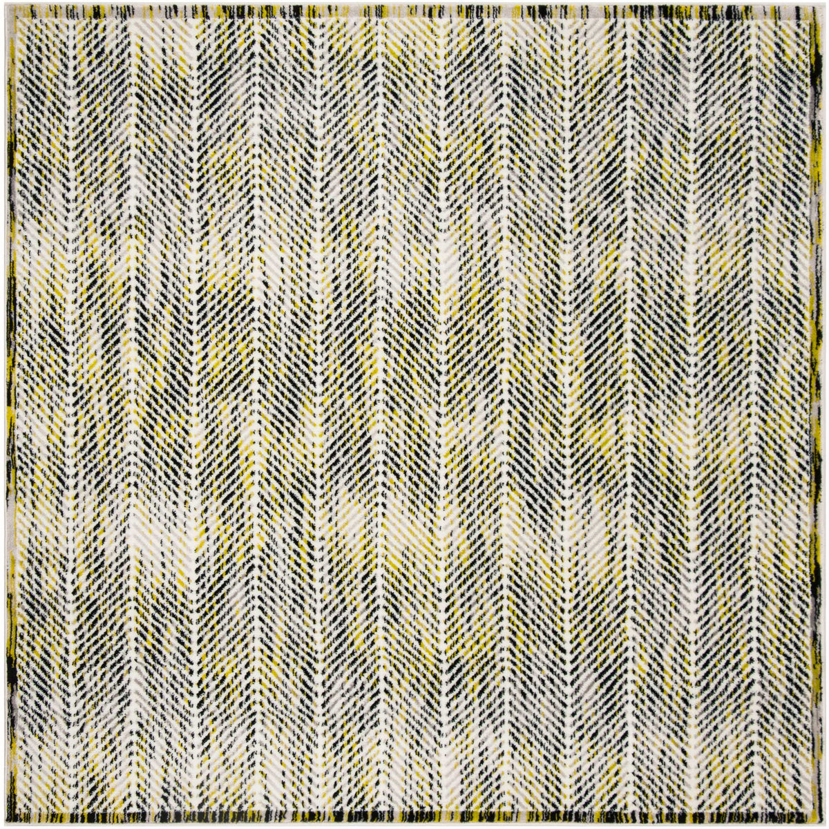 Square rug blends gray, ivory and yellow-green in closely spaced herringbone stripes