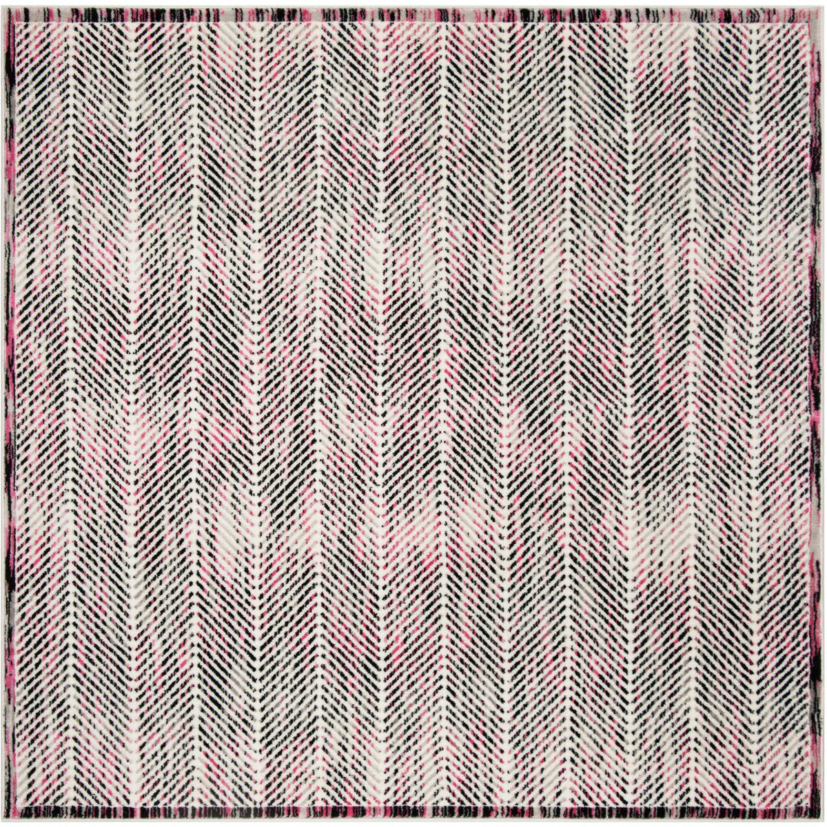 Square rug showcases rosy pink and gray herringbone stripes with finished edges