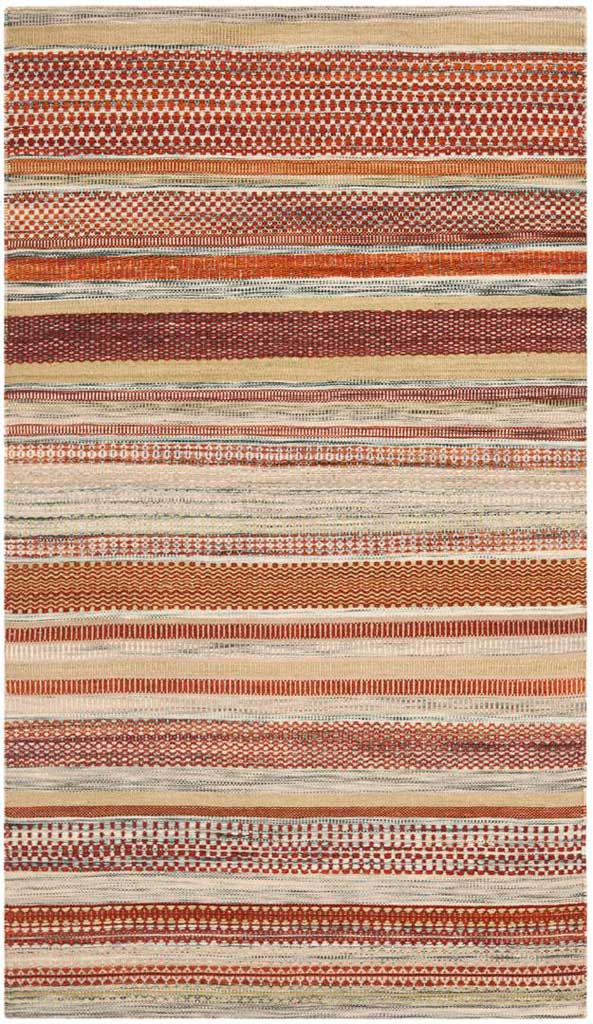 Burgundy and terracotta bands alternate with fine geometric stripes on a beige woven rug