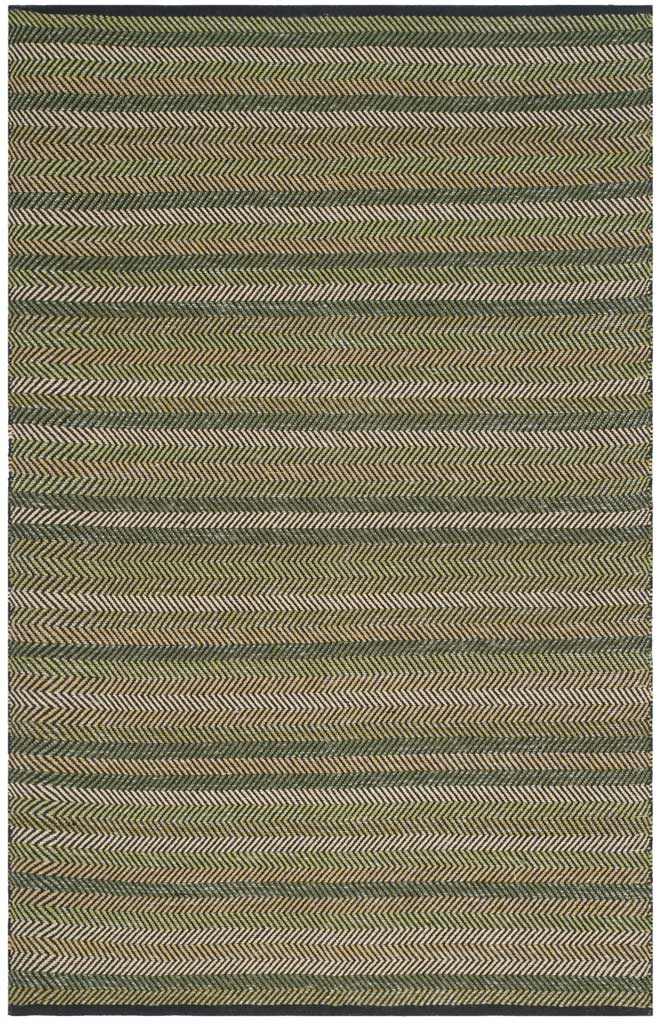 Fine green and tan chevrons form subtle stripes across this flatwoven rectangular rug
