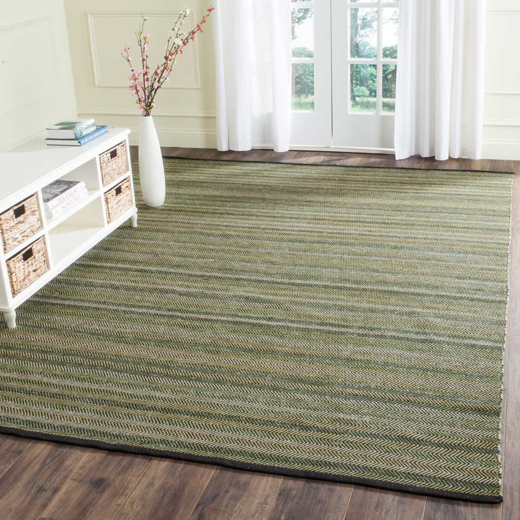 Olive-green stripes add a soft, grounded pattern to a bright and airy living space