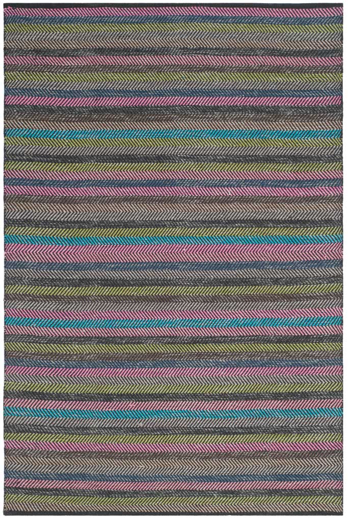 Teal, pink, and lime bands lend this rectangular rug a playful rhythm of stripes and chevrons