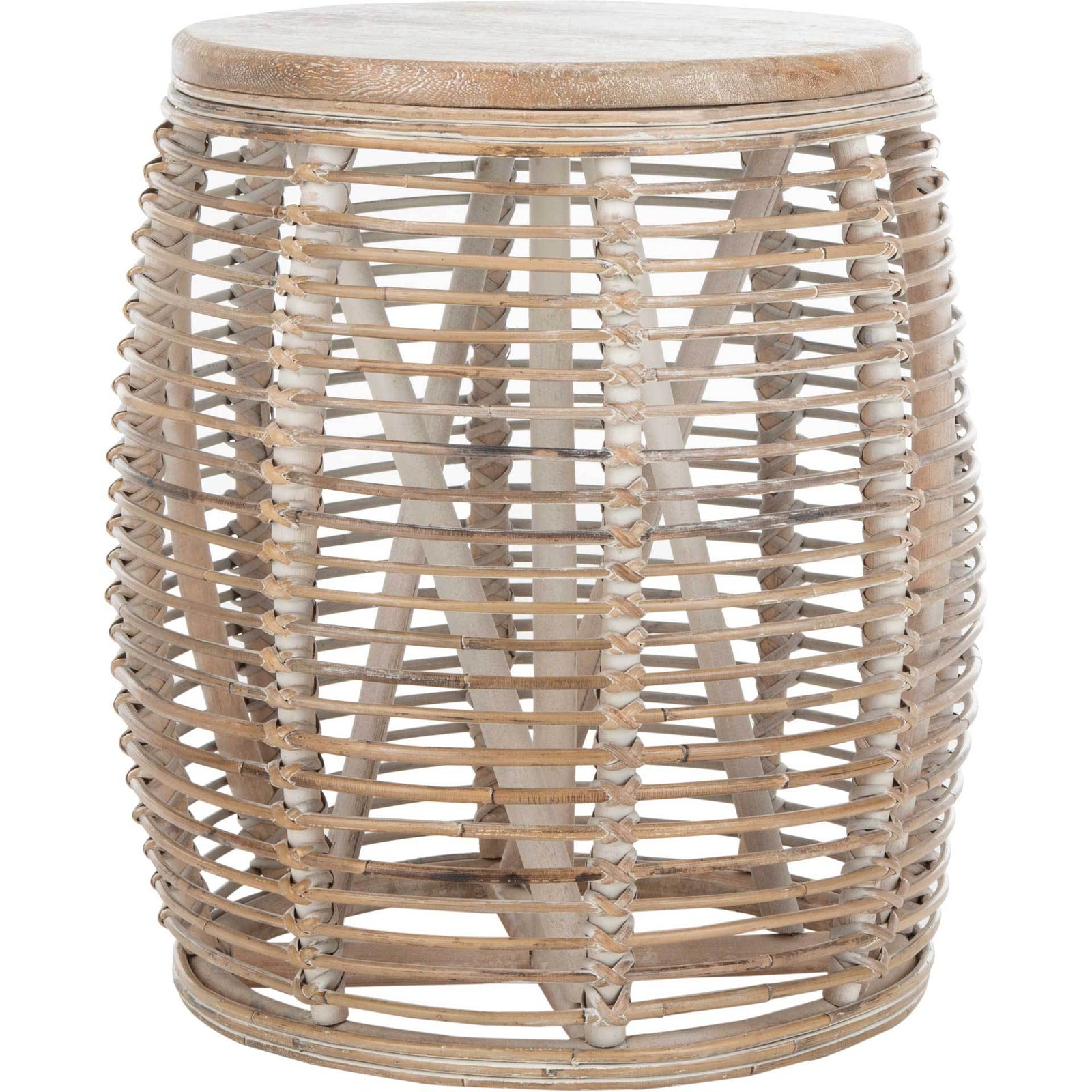 Malakai Rattan Drum Stool Table Gray White Wash