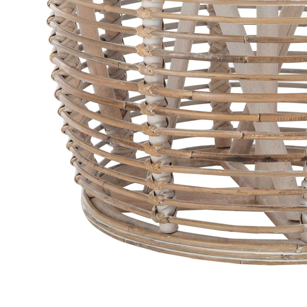 Pale rattan strands wrap around a circular base with wood supports inside