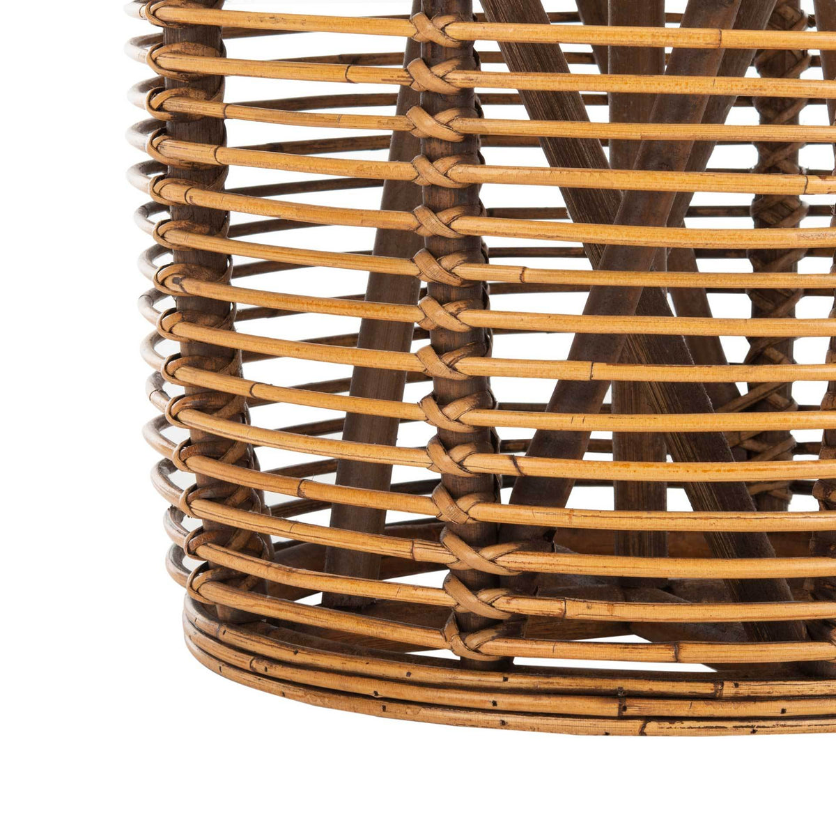 Honey-brown rattan wraps a circular base with dark wood supports inside