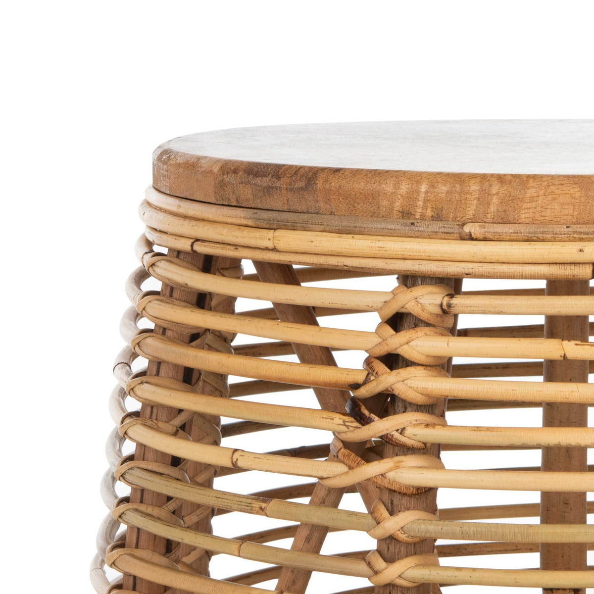 Golden-brown rattan knots and a natural wood top bring warmth and texture