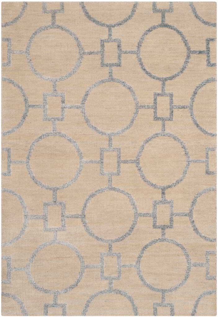 Compact beige rug with large gray circle outlines and small linked squares