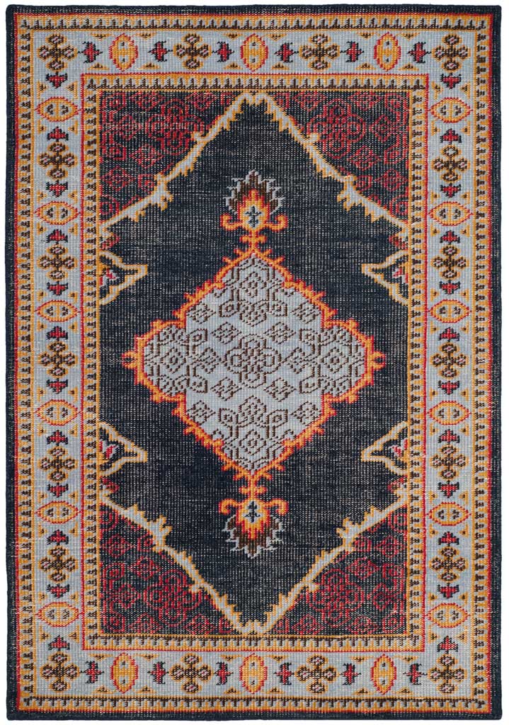 Compact dark blue rug with vivid orange details and a pale floral border