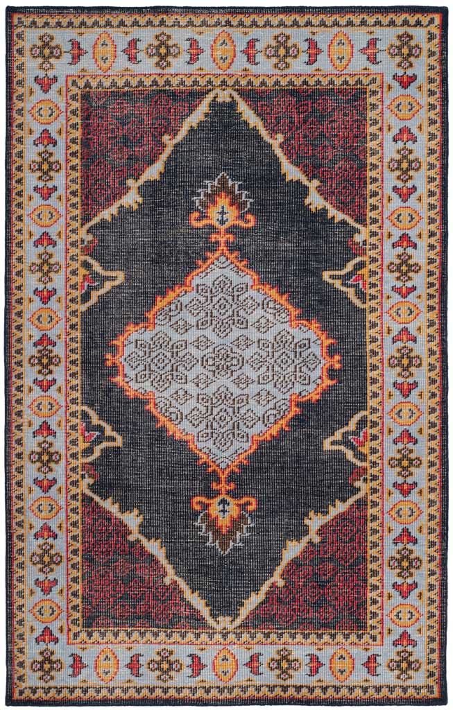 Blue and red ornamental rug framed by a pale patterned border and bold central medallion