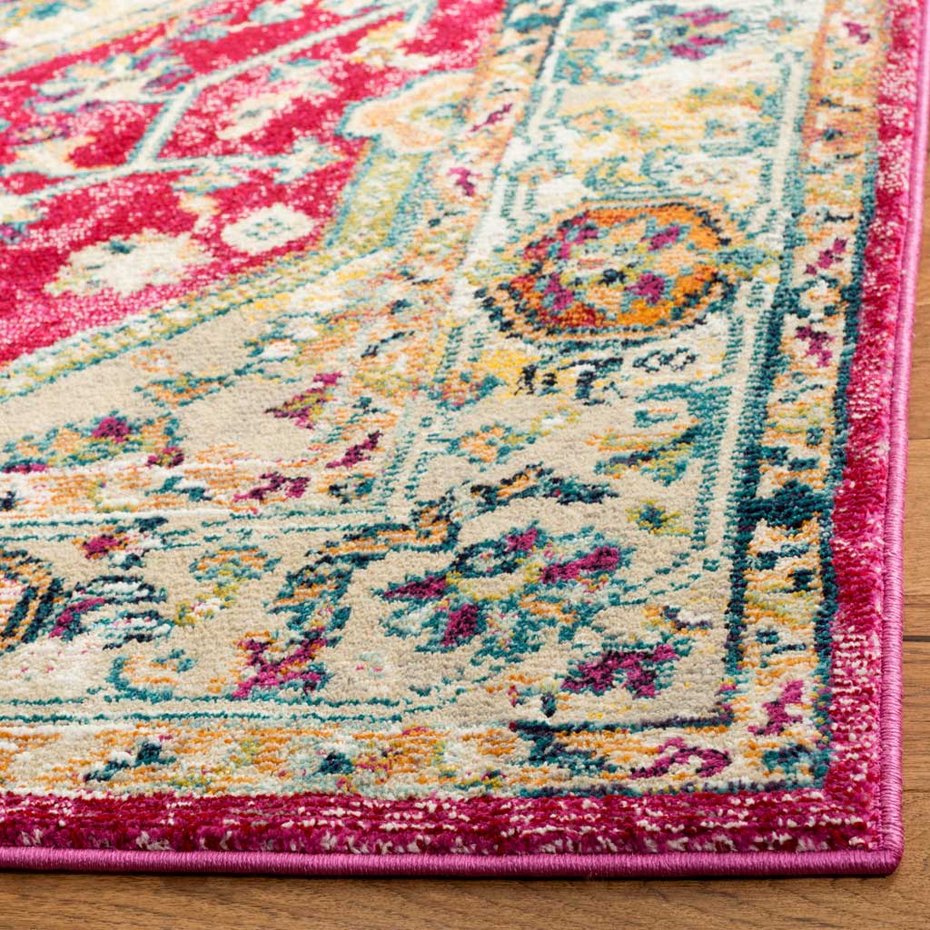 Vivid pink binding frames a textured floral pattern in cream, teal, and gold