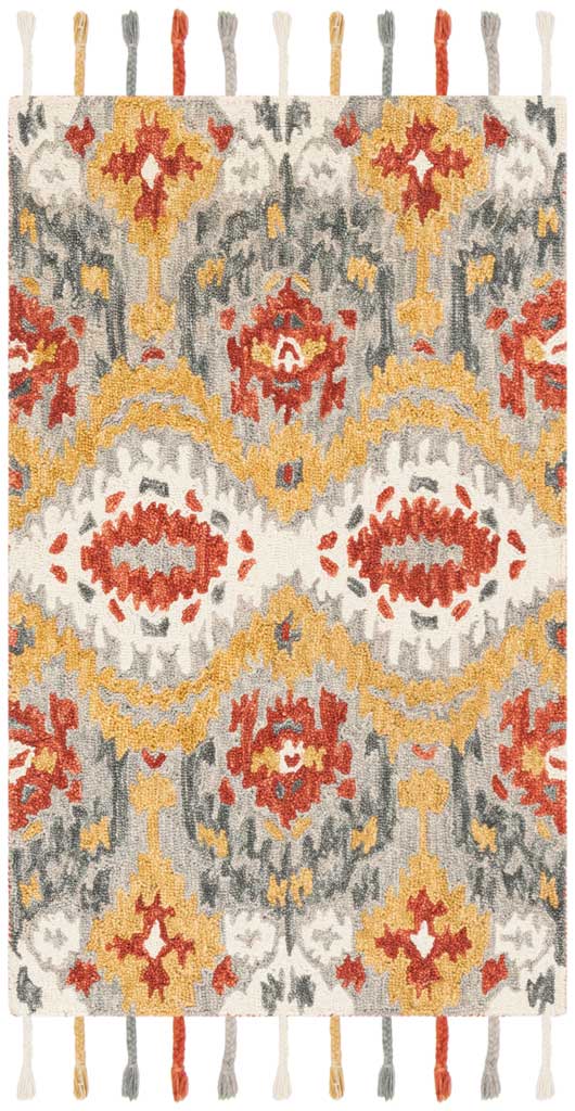 Oversized gold and rust florals enliven a hand-hooked wool rug with multicolored fringe
