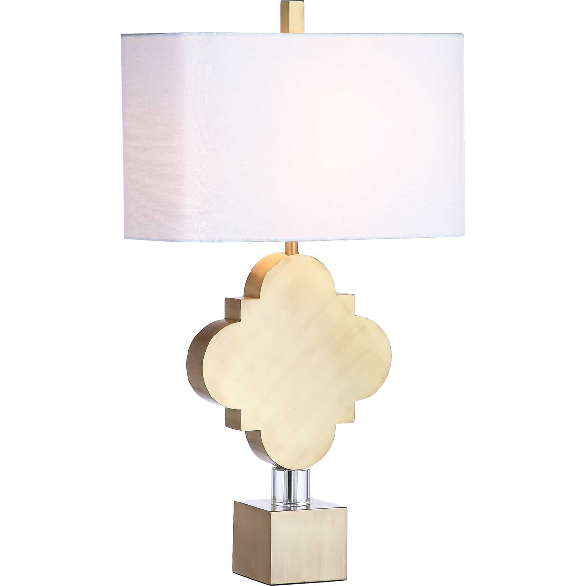 A softly glowing white shade crowns a sculptural gold quatrefoil and clear crystal accents