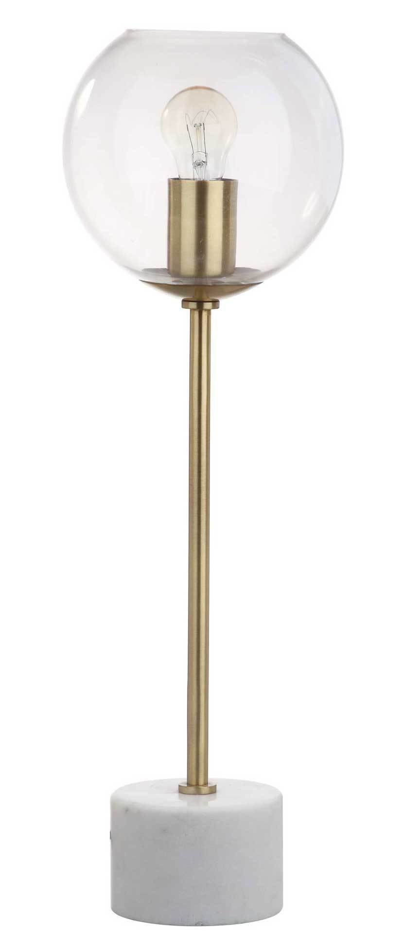 A clear glass globe reveals an exposed bulb above a slim gold stem and cylindrical white marble base || TBL4015A || front_studio