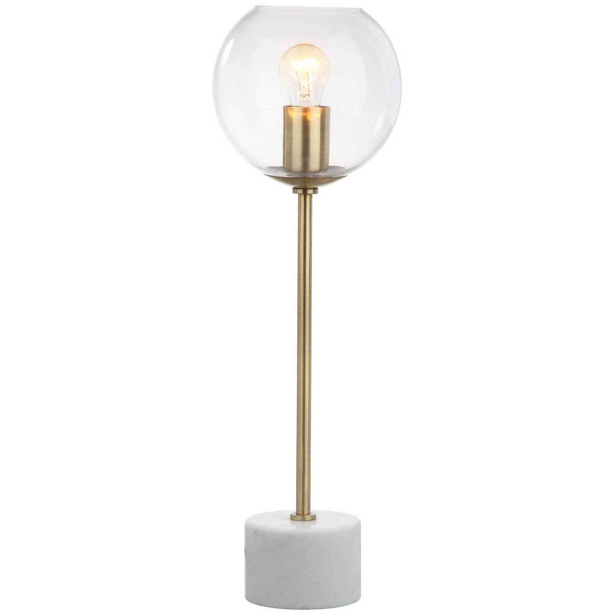 A glowing bulb shines through a clear glass globe above a slender gold stem and white marble base || TBL4015A || front_on_studio
