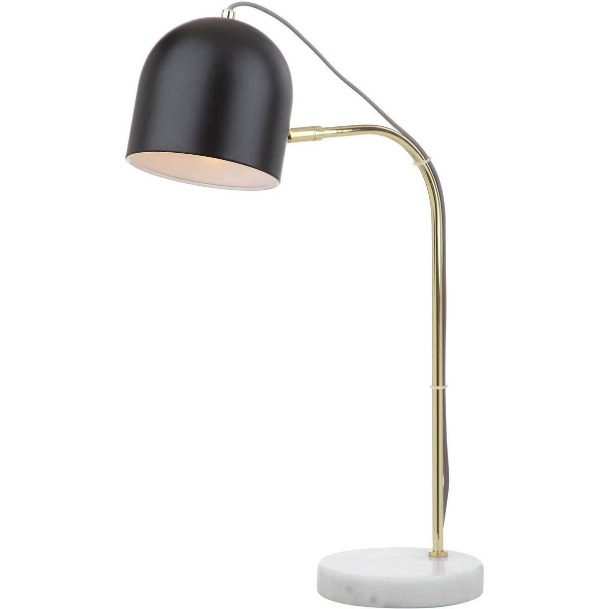 Warm light glows beneath the black dome shade, complemented by a slender gold-tone arm and white marble base.