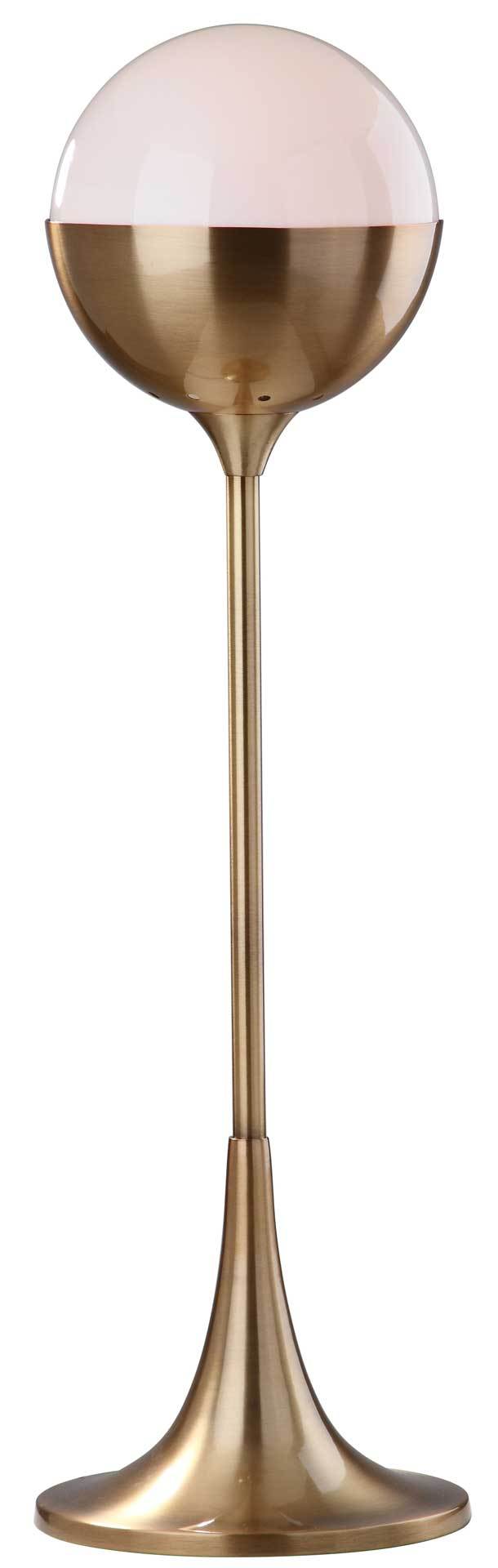 Soft light glows from a domed white shade above a sleek gold stem and sculpted base