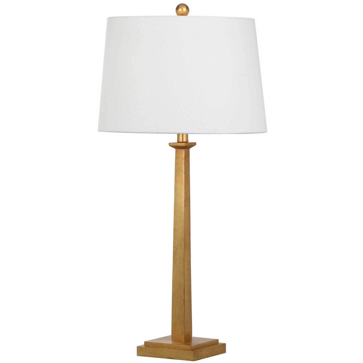 A slim gold leaf column rises from a square base beneath a white fabric shade || TBL4024A || front_studio